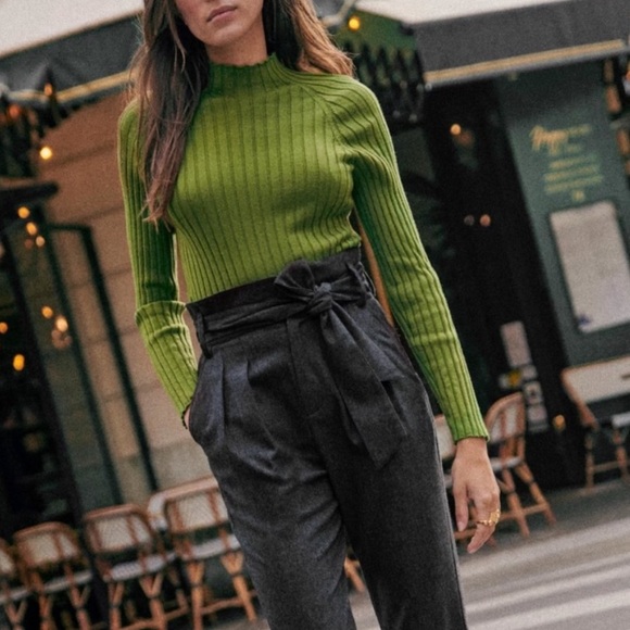 SEZANE Moss Green Lightweight Ribbed Knit Merino Wool Mock Neck